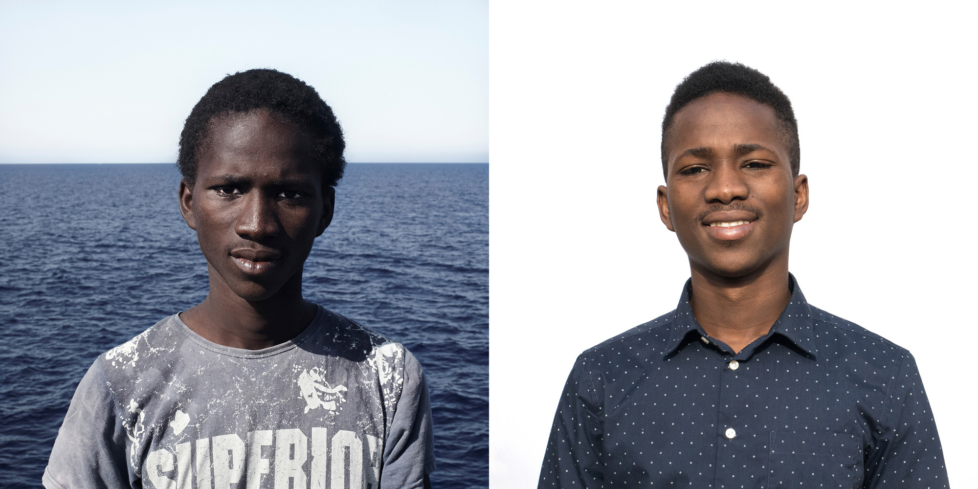 ギニア・コナクリ出身のアルファ。（1999年生）。<br>
左：2016年8月1日、地中海の救助船上で撮影。<br>
右：2019年2月8日、イタリア・ラマッカで撮影。<br>
© César Dezfuli