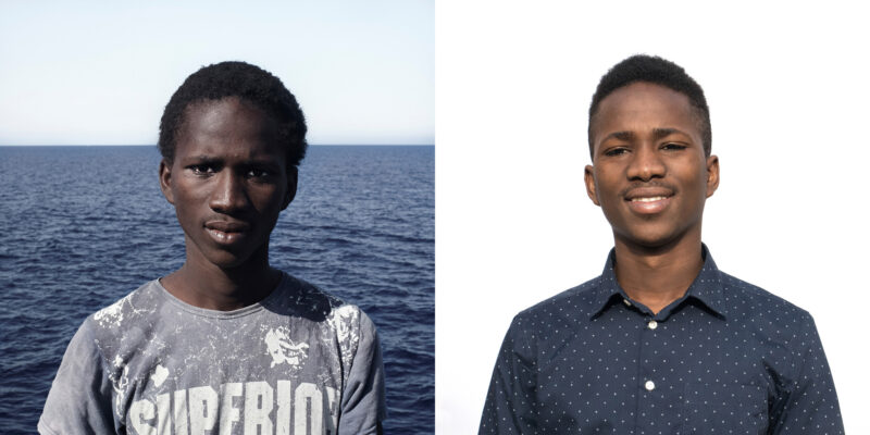 Alpha. Guinea Conakry (1999).  <br>
Left: Alpha portrayed on 1st August 2016 on board of a rescue vessel in the Mediterranean sea. 
Right: Alpha portrayed on 8th February 2019 in Ramacca, Italy. <br>
© César Dezfuli